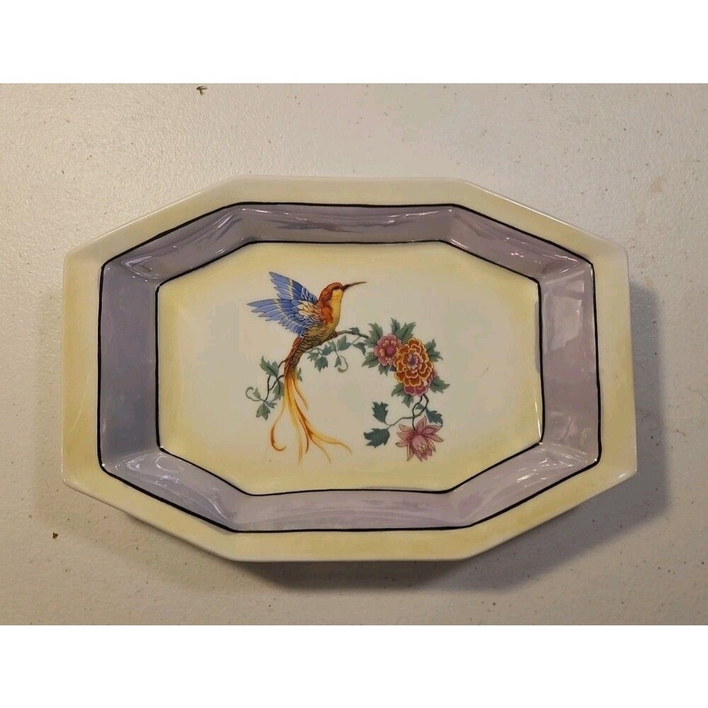 Antique Rudolstadt Germany Hand Painted Geometric Dish Hummingbird Floral EUC
